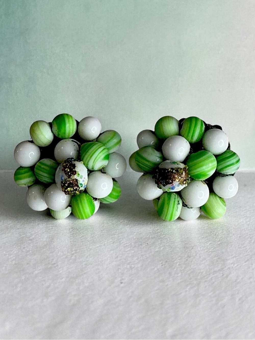 Vintage Mint Green & White Faux Pearl and Clear Bead Cluster Clip On Earrings
